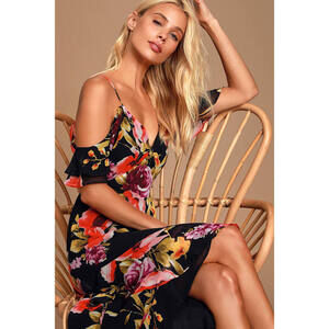 Lulus Love In Bloom Black Floral Print Off-the-shoulder High-low Dress - Size L